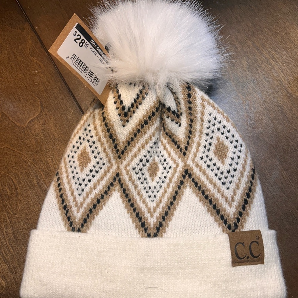 C.C Women's Cream and Tan Diamond Pom Beanie